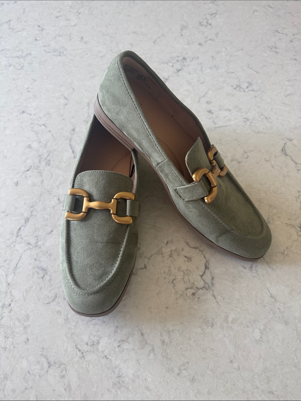 NWOT Time & Tru Sage Green Faux Suede Loafers with Gold Chain size 9